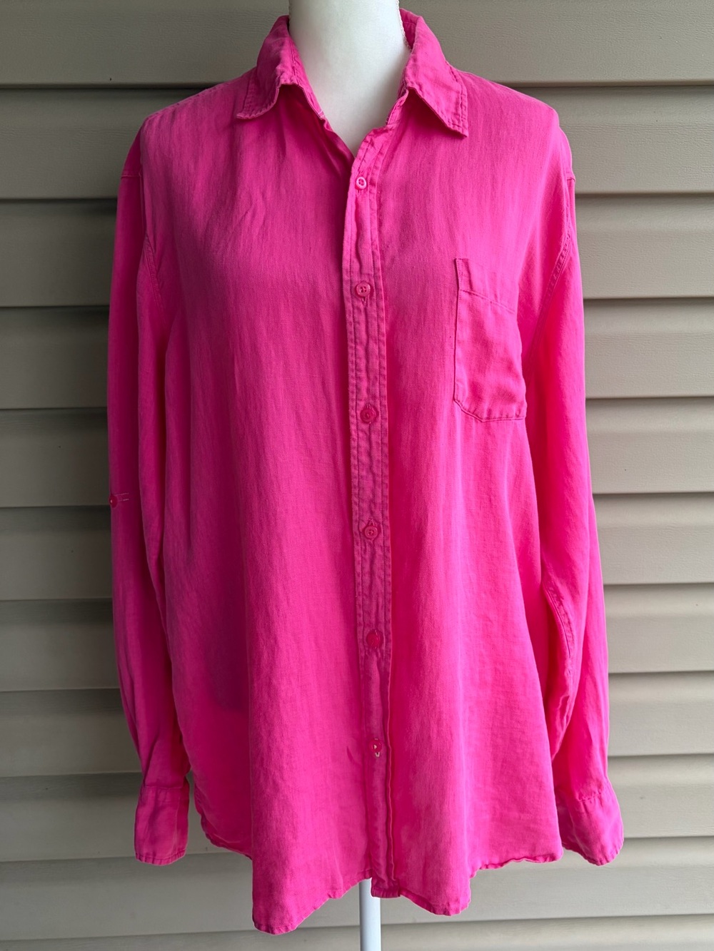 •Toscano• 100% Linen Fuchsia Button Down Longline Shirt - Size Large